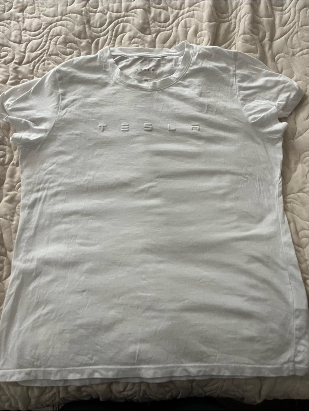 Tesla Embossed White Crewneck Tee Size Medium